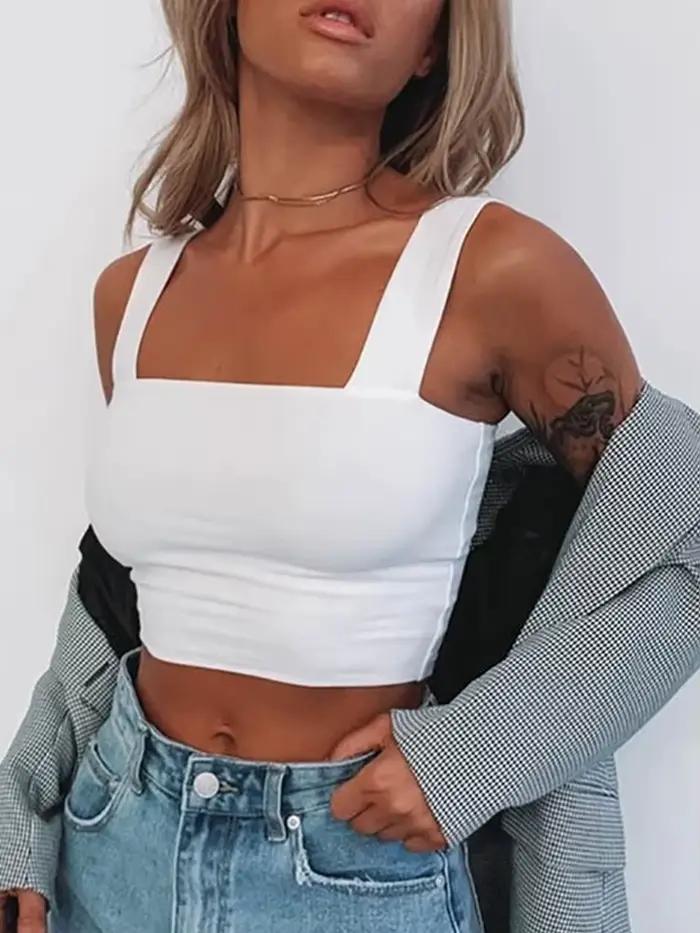 Štvorcový výstrih bez rukávov letný krátky top biely čierny ženy ležérny základný t-shirt odhalené ramená Cami Sexy odhalený chrbát tielko