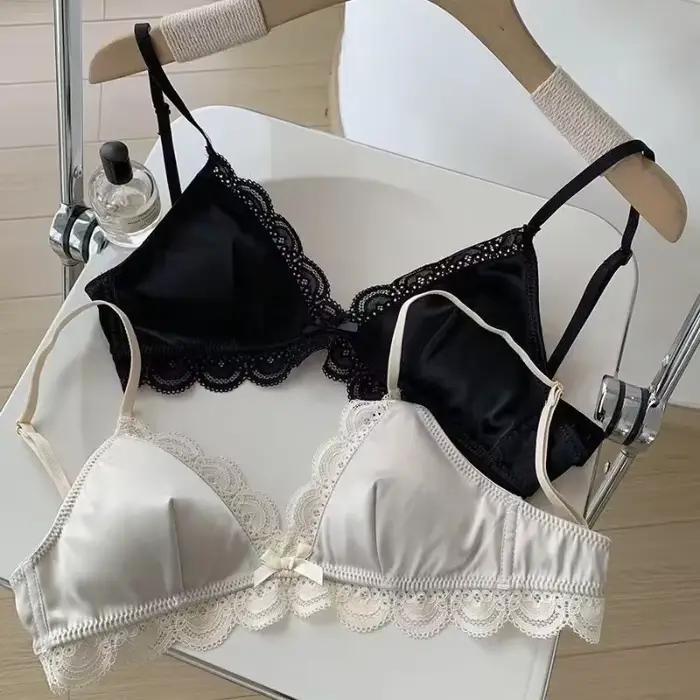 Soutien-gorge en dentelle à nœud triangle de style coréen pour femmes, petite poitrine, sous-vêtements en satin, doux, respirant, confortable, doux, fille, lingerie