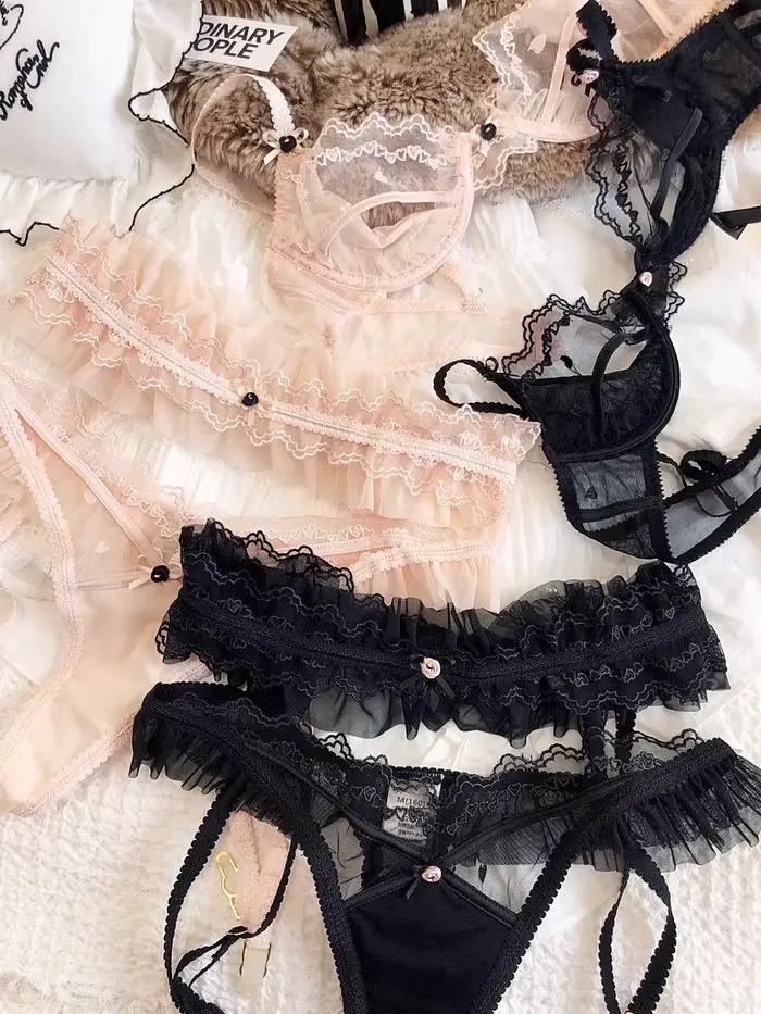 Ensemble de lingerie féminine en dentelle rose et noire avec soutien-gorge push-up et culotte jarretières pour femmes sexy occassions spéciales