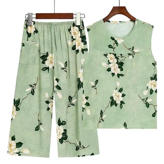 XL-4XL Pyjama Pour Femme Nouveau Imprimé D'âge Moyen Mère Deux Pièces Ensemble FiglaCapri Pantalon Trempé Vêtements De Nuit Femmes Pyjamas