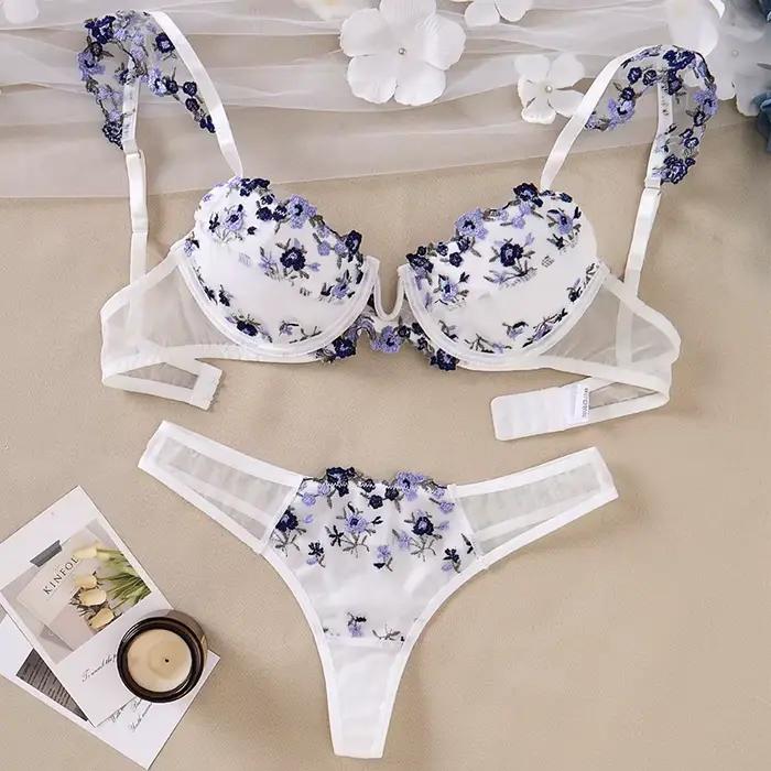 Ensemble de lingerie sexy avec broderie florale, lingerie push up, soutien-gorge transparent, 2 pièces, sous-vêtements fantaisie pour femme, lingerie intime délicate