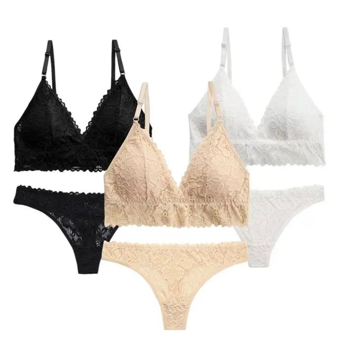 Ensemble soutien-gorge et culotte en dentelle à fleurs, col en V, couleur unie, taille basse, string floral, lingerie féminine