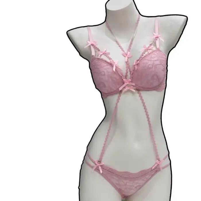 Ensemble collier et soutien-gorge à nœud violet esthétique – Lingerie assortie à faible saturation, soutien-gorge push up et collier réglable pour femme MOYISU