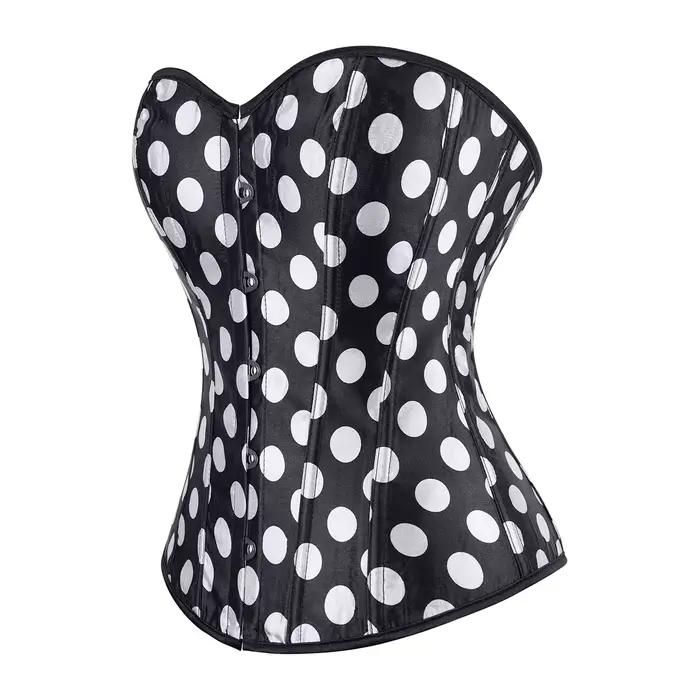 Corset bustier en satin pour femme, motif à pois, vintage, à lacets, avec baleines, style burlesque, pour clubwear