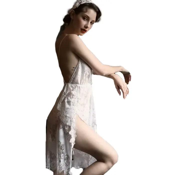 Pyjama en dentelle à fleurs vertes pour femmes, Transparent, décolleté en V profond, dos nu, Lingerie, bretelles Spaghetti avec tongs