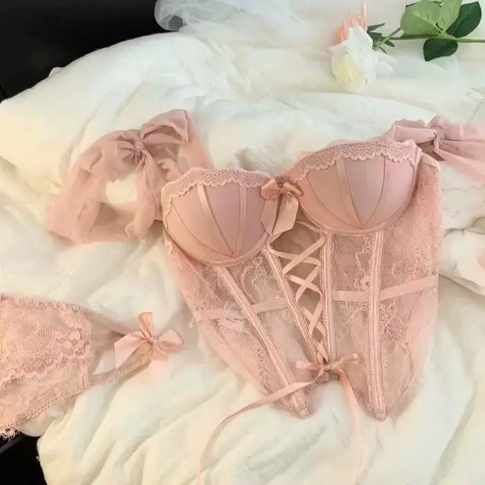 Doux Sexy dames ensemble de soutien-gorge arête de poisson Corset épicé fille dentelle Lingerie sangle rembourrage froncé Type mince Corset femmes ensemble de soutien-gorge