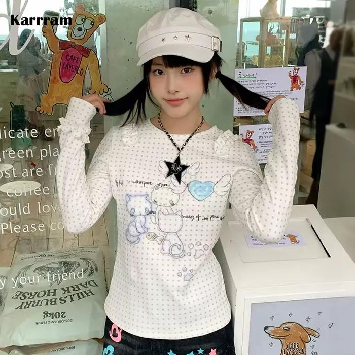 Karrram japonský Y2k Anime potlačený pletený top 2000s estetický s dlhým rukávom Tričko Cutecore s bodkami rebrovaný top Kawaii mačka