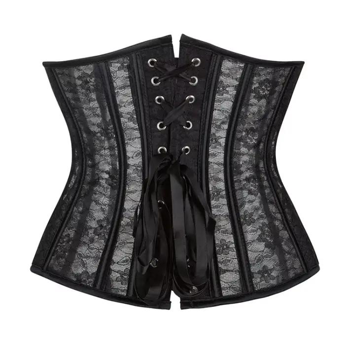 Corset sous-poitrine pour femme, noir et blanc, en maille transparente et dentelle, avec baleines en plastique, bustier, basques, gaine amincissante, serre-taille, korset ﻿