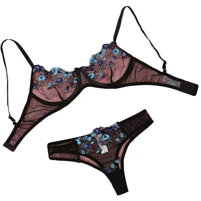 Lingerie en dentelle transparente brodée pour femmes, sous-vêtements sexy, ensemble de culottes dégradées, kit de soutien-gorge délicat, push-up, ensembles de culottes 7.0, nouveau Heilan