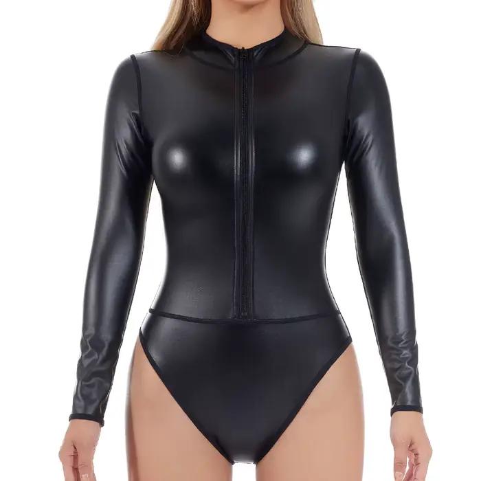 Body Shaper pre ženy Sexy Lingerie Predný Zips Vysoký Golier Dlhé Rukávy Umelá Koža