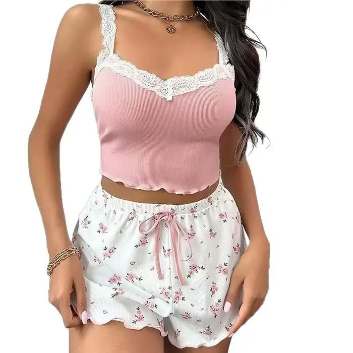 Dámske 2-dielne pyžamo ružová čipka Patchwork výstrih do V nočné oblečenie Sexy nočná košeľa Cami top s potlačou mäkké