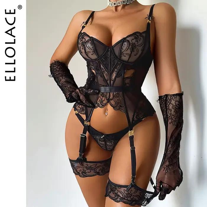 Ensemble de lingerie haut de gamme Ellolace pour femme : Corset en dentelle Willowy, string, 2 pièces avec manchettes de jambe et gants, tenue florale ajustée, lingerie sensuelle