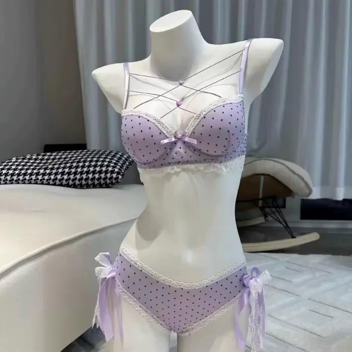 Ensemble soutien-gorge et culotte en dentelle à pois avec nœuds, lingerie sexy push-up pour femme