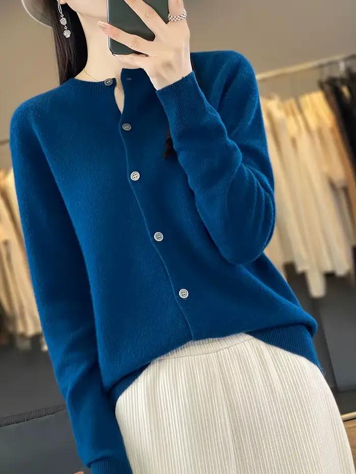 100% merino vlna pulóver pre ženy okrúhly výstrih Cardigan základný štýl gombíkový úplet pre