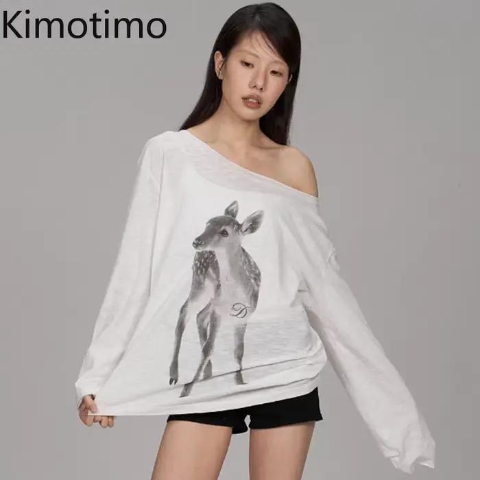 Kimotimo Dámske Tričko Leto Potlač Odhalené Ramená Dlhé Rukávy 2026 Nové Ležérne Priesvitné Voľné Štýl Kpop Y2K