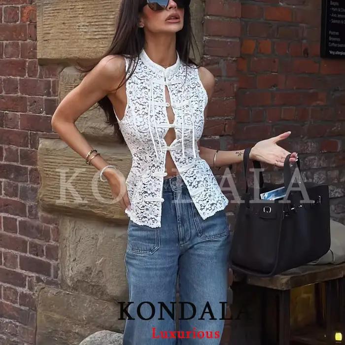 KONDALA Sexy a elegantný biely čipkovaný top s mašľou pre ženy