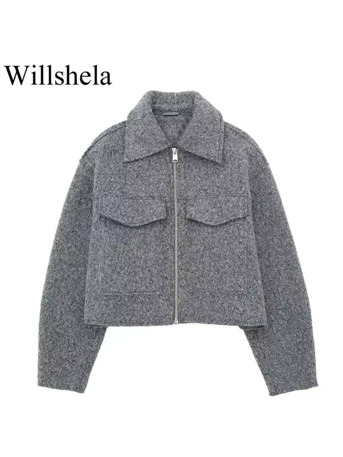 Willshela dámska módna bunda so sivými prednými vreckami na zips Vintage golier dlhé rukávy žena Štýlové oblečenie