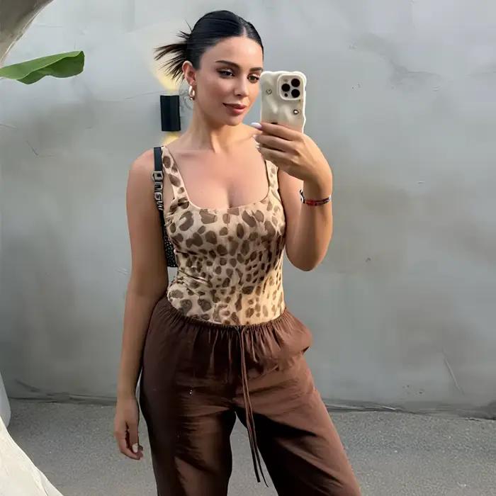 MUJER imprimé léopard body femmes hauts sans manche moulante combinaison femme une pièce tenues Sexy Lingerie été maille body