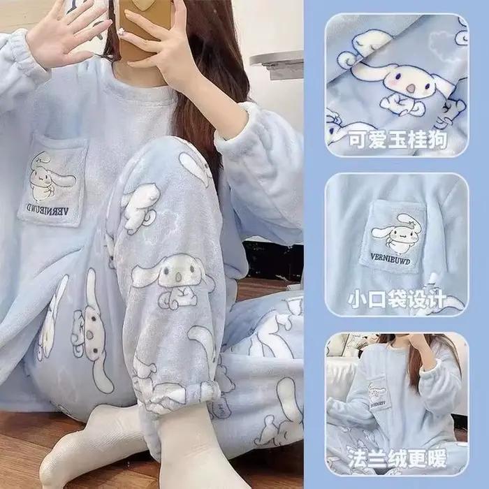 Pyjama d'hiver en flanelle Cinnamoroll, Kuromi, My Melody, style anime kawaii, en velours corail, chaud, pour la maison, cadeau pour fille