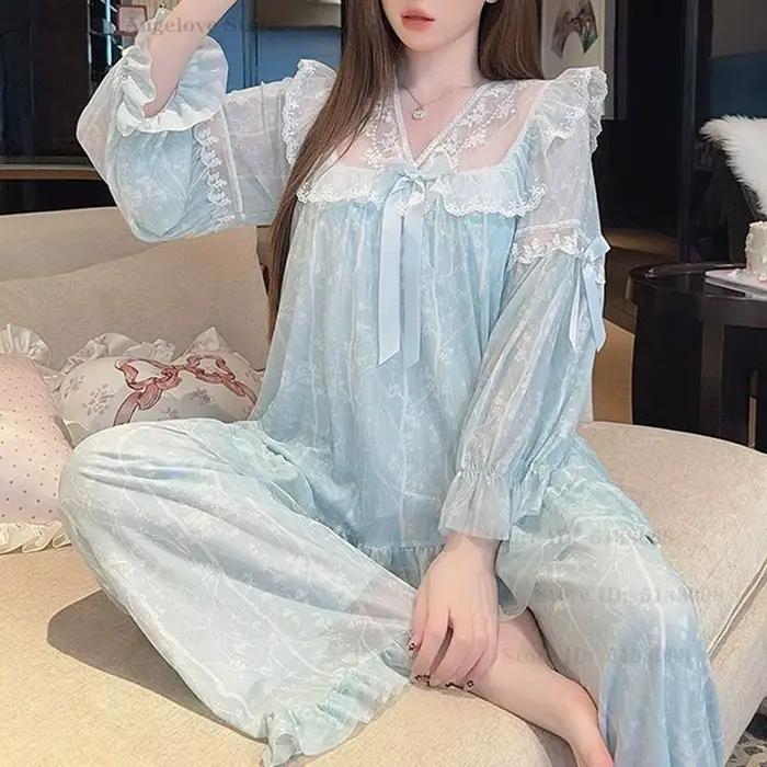 Nový jemný sieťovaný pyžamový set Sexy čipka princeznovský štýl ležérne nočné oblečenie s potlačou exkluzívne elegantné