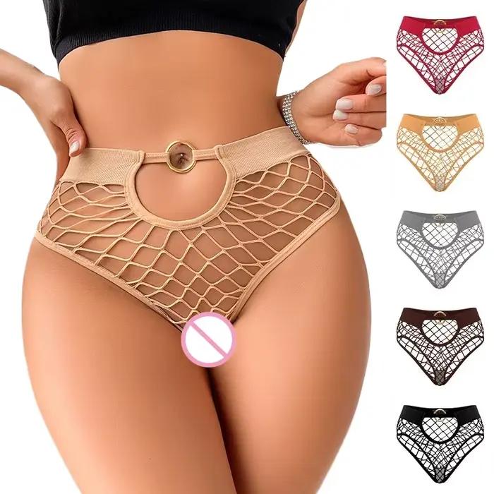 Nový štýl sieťovaný sexy ženské nohavičky jednofarebné stredne vysoké pásové sieťované dámske spodné prádlo priesvitné elastické tangá