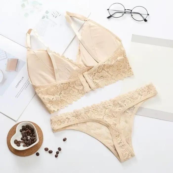 Ensemble soutien-gorge et culotte en dentelle à fleurs, col en V, couleur unie, taille basse, string floral, lingerie féminine