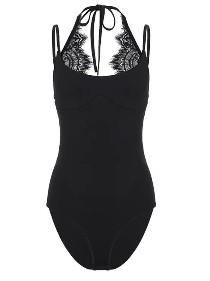 Body en dentelle à bretelles fines, lingerie sexy, bustier une pièce uni, vêtements Y2K pour femmes