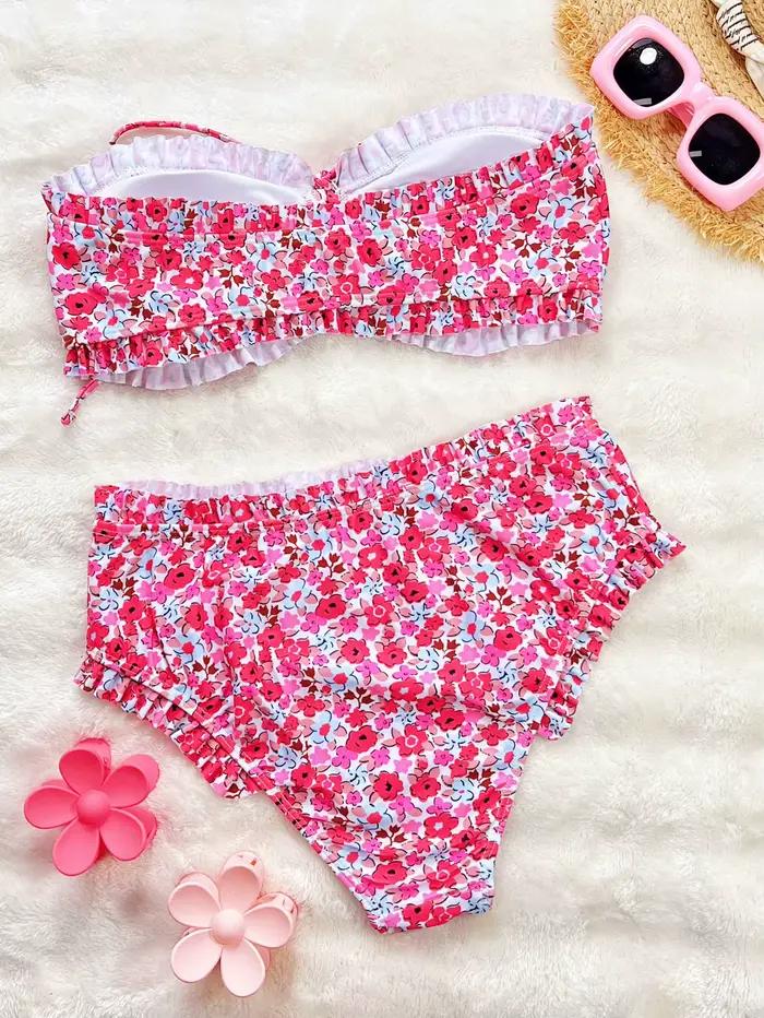 Imprimé fleuri Bandeau deux pièces Bikini ensemble épaules nues femme maillot de bain taille haute plissé pansement femmes maillots de bain maillot de bain