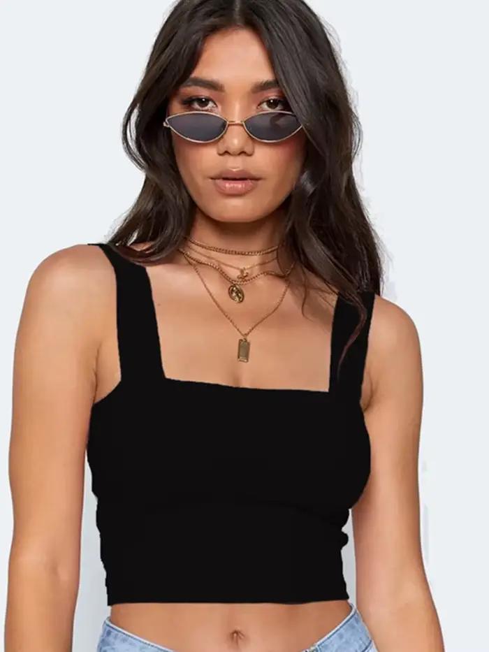 Štvorcový výstrih bez rukávov letný krátky top biely čierny ženy ležérny základný t-shirt odhalené ramená Cami Sexy odhalený chrbát tielko