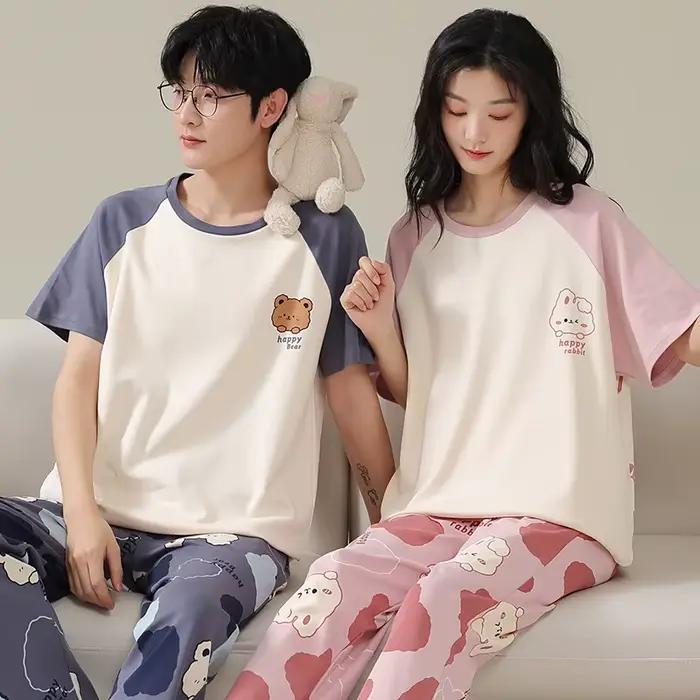 Pyjama d'été à manches courtes pour femmes, ensemble de pyjama de dessin animé, en pur coton, vêtements de nuit pour Couple, mode maison