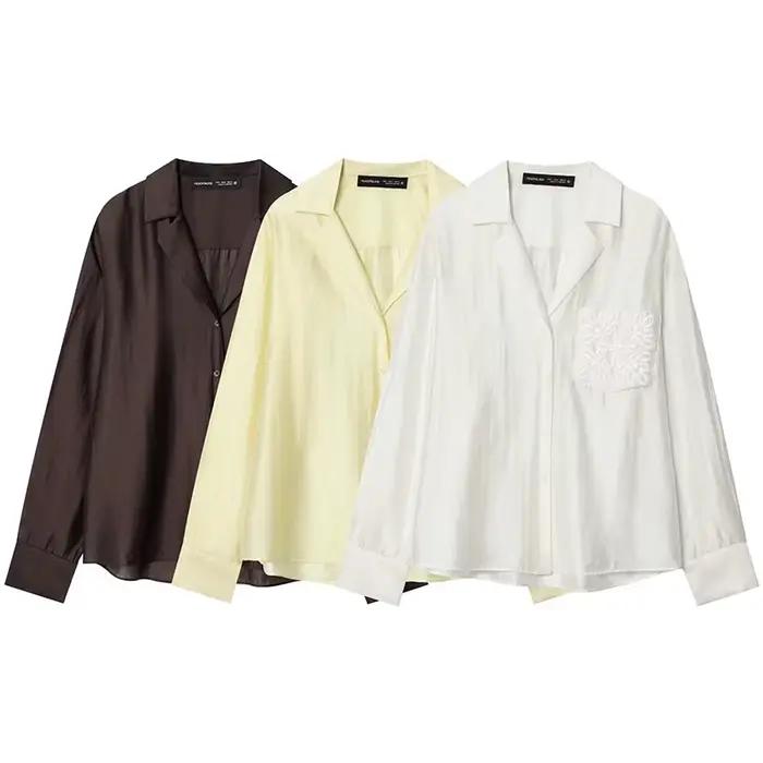 Chemise Nové jarné košele 2026 pour femme, chemisiers polyester décontractés et élégants, col en V, ajustement lâche, automne-hiver, occasionnel, confortable