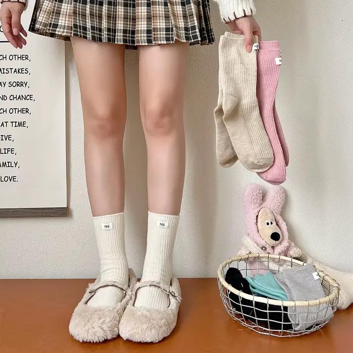 Chaussettes mi-tube en laine à rayures douces pour femmes, étiquette de gril confortable, look au sol, belle mode, chaussettes de document solides, automne, hiver