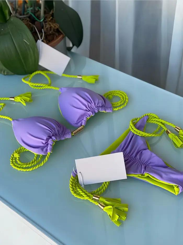 Sexy jednofarebné dvojdielne trojuholníkové bikiny pre ženy s pletenou šnúrkou
