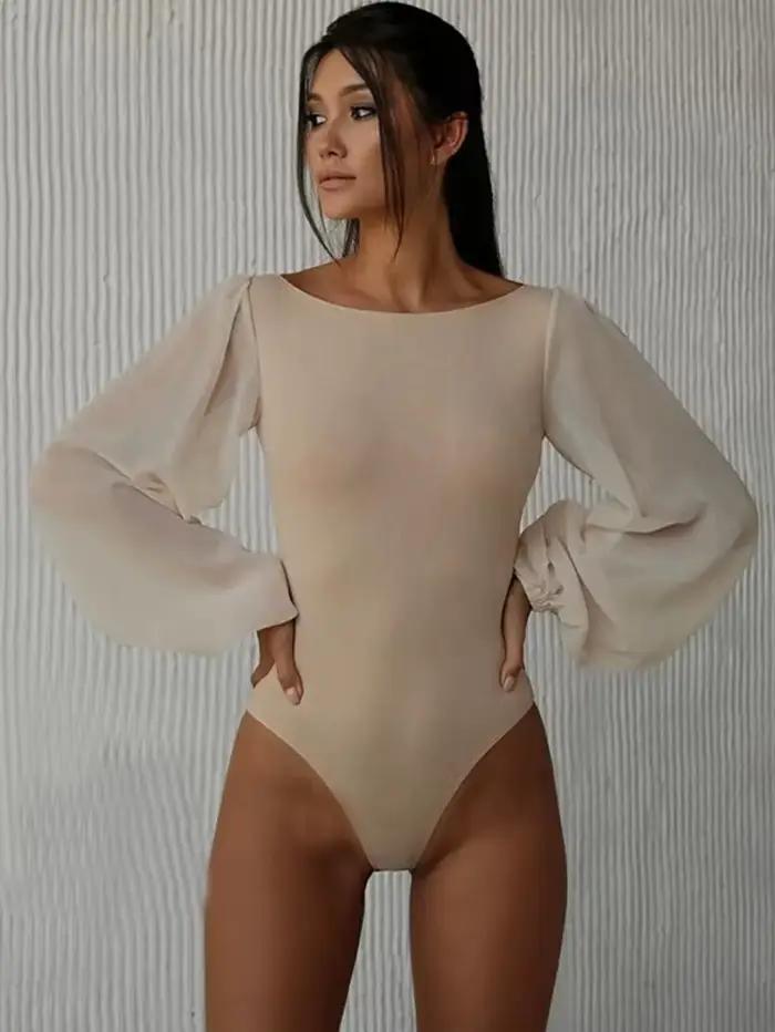 Sexy body pre ženy čierna biela kaki obtiahnutá s dlhými rukávmi jednodielna sieťovaná