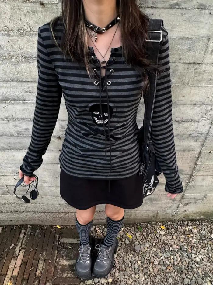 Tonngirls gotické retro tričko pre ženy so šnurovaním pruhovaná ležérna košeľa Y2k Vintage grafická potlač vrchné oblečenie Streetwear