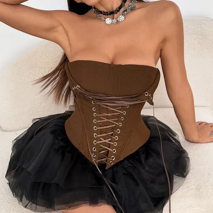 Hnedý korzet pre ženy, šnurovaný bustier
