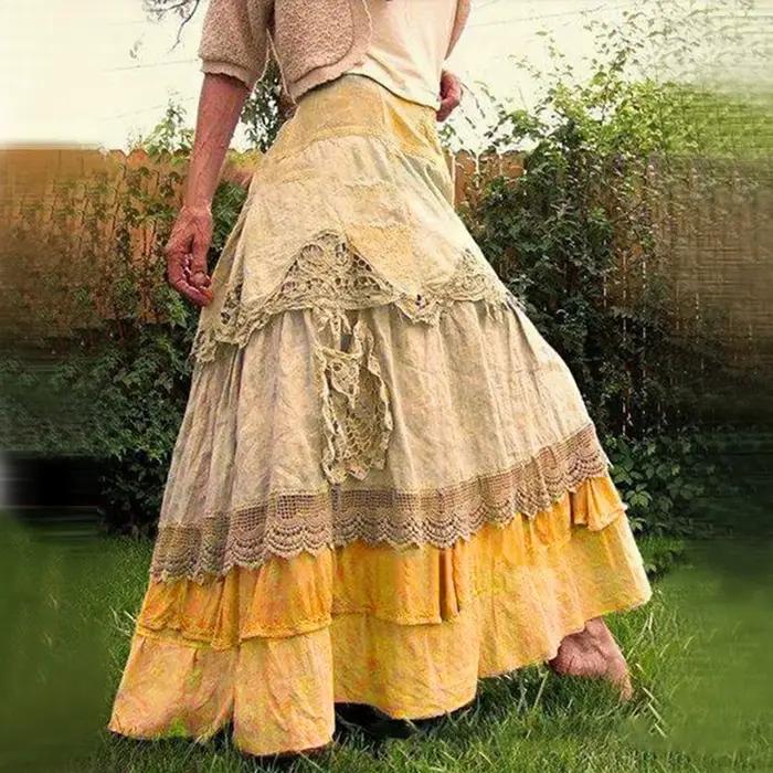 Jupe longue en dentelle pour femmes, style Boho, à plusieurs niveaux, filet évasé, boutons élégants, grande taille, en coton, nouvelle collection été 2024