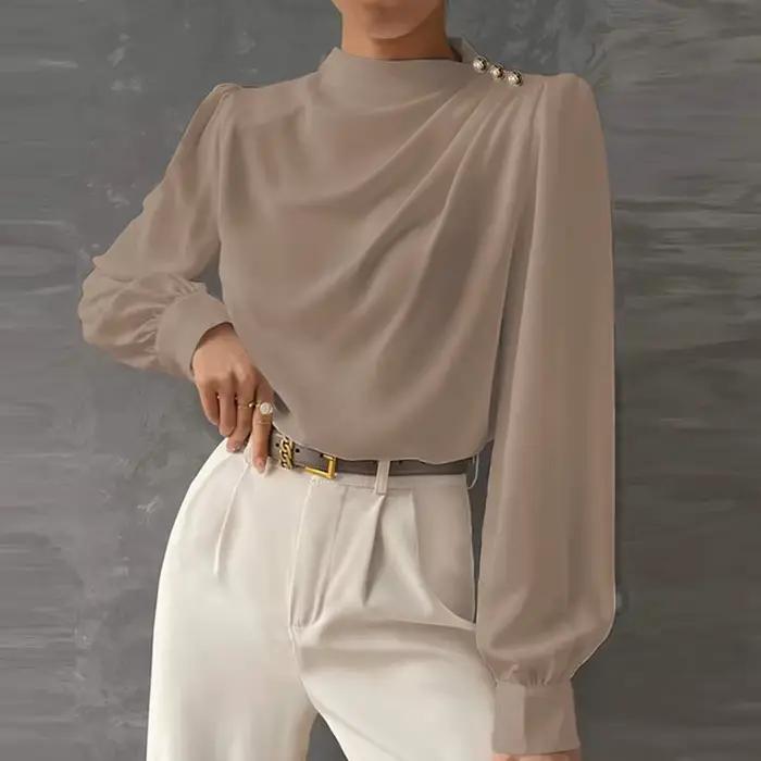 Biely dámsky blúzka s nafúknutými dlhými rukávmi