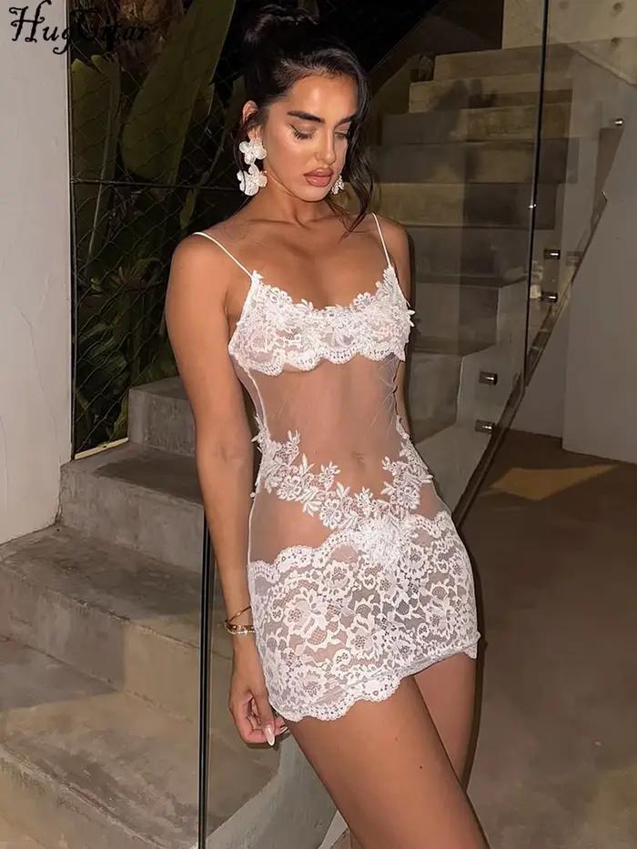 Hugcitar dámska módna čipka pevná kĺzavá patchwork sexy tenká priesvitná mini šaty leto dovolenka párty nočná