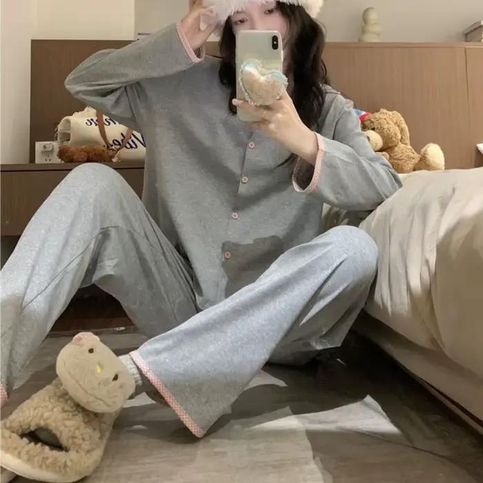 Les vêtements de nuit pour femmes peuvent être portés comme des vêtements d'extérieur, costume de maison, Cardigan ample de couleur unie, pantalon à manches longues, Ж Dön hei Пижама