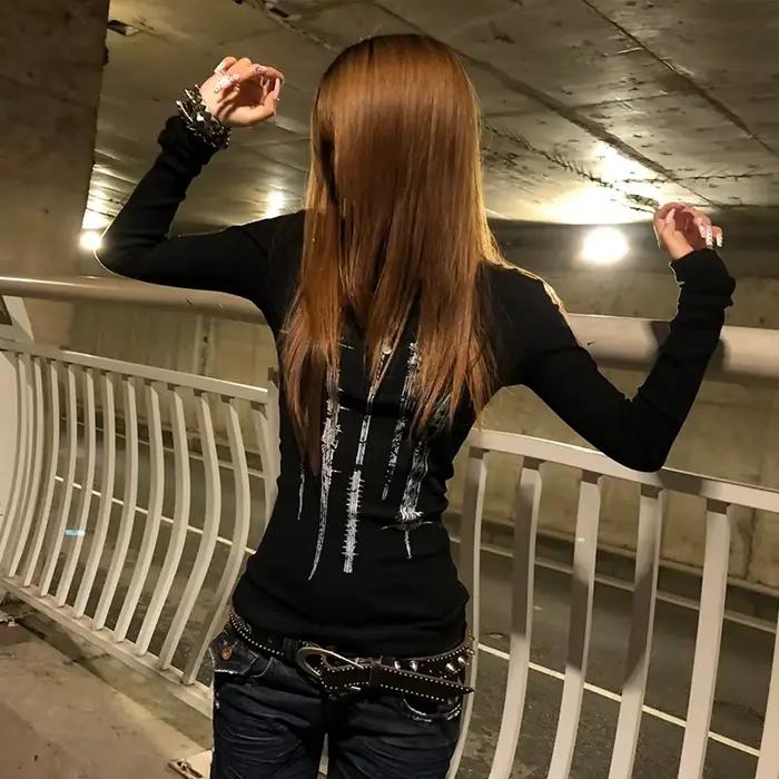 Karrcat Grunge estetický potlač tetovanie pletené topy Trashy Y2k s dlhým rukávom