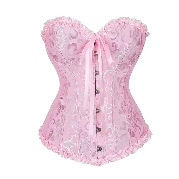 Corset pour femme vintage en jacquard, haut bustier amincissant, gaine amincissante, serre-taille rose, corsets overbust gothiques vintage, basques