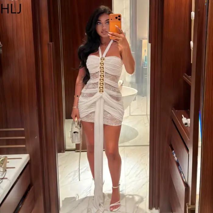 HLJ Robe moulante sexy à col licou pour femme, en maille unie transparente, sans manches, dos nu, pour club, soirée, anniversaire, Vestidos