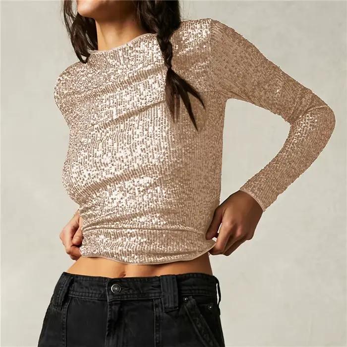 T-shirt court pour femme en polyester et coton, pailletté, avec manches longues, ajustement mince, col rond, idéal pour les soirées, sorties et occasions spéciales