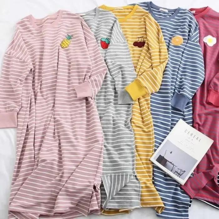 Chemise de nuit femme M-5XL automne manches longues rinçage longueur rayé Preppy mn adolescents Kawaii loisirs vêtements de nuit maison confortable mode