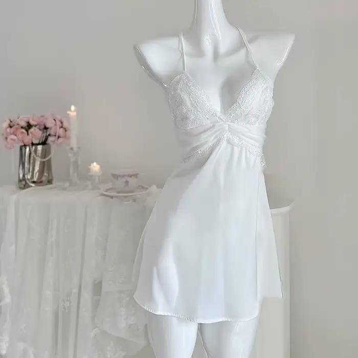 Robe de nuit princesse en dentelle sexy style court, pyjama d'été en satin dos nu