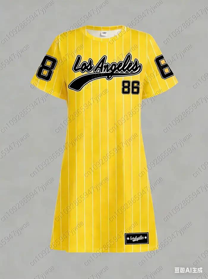 Voľné tričkové šaty pre ženy leto 2026 NO.86 LOS ANGELES Potlač Okrúhly výstrih Krátke rukávy Pull-over Oblečenie