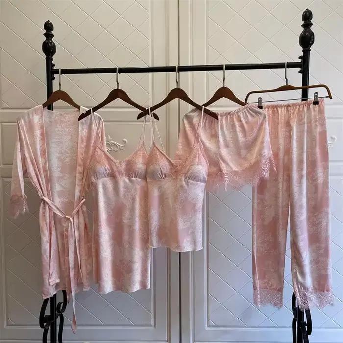 Pyjama en Satin Imprimé pour Femme, Robe Kimono à Col en V, Ensemble avec Coussinets Cheast, Vêtements de Nuit Sexy