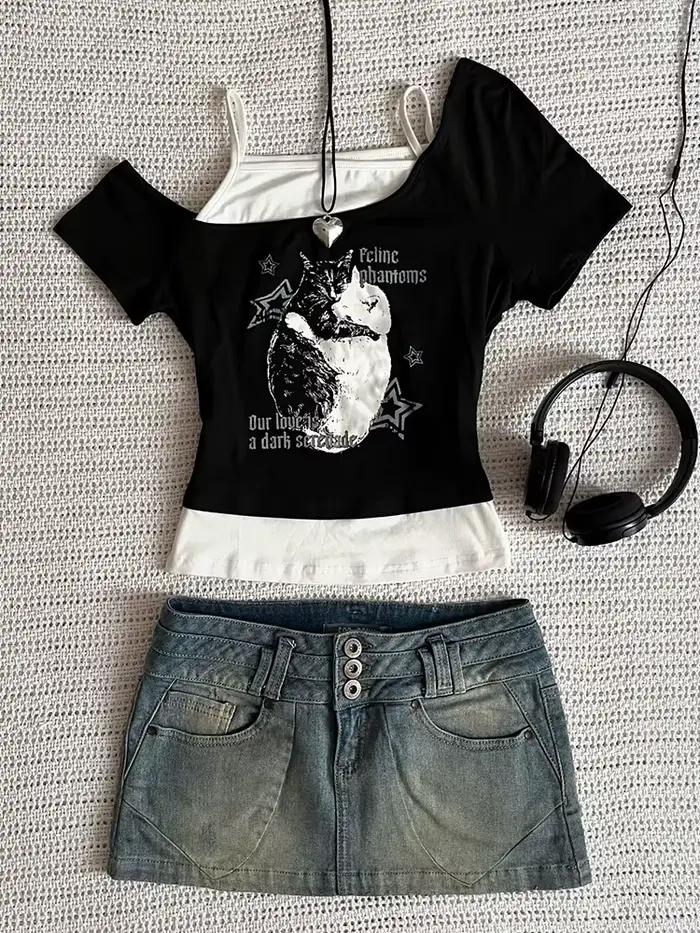 Estetické Goth Netopier List Y2K Štýl Dvojdielne Tričko Krátky Rukáv Vesta Harajuku Streetwear Traky Dámske Oblečenie