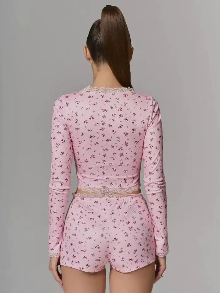 Ensemble pyjama sexy pour femmes, imprimé floral, doux et confortable, haut à manches longues et short, vêtements de détente, vêtements de nuit, ensemble deux pièces, vêtements de maison